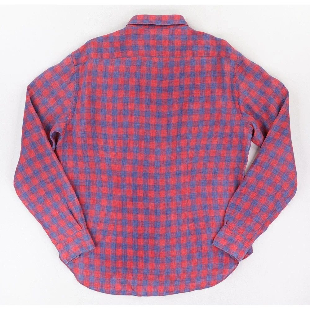 Culturata Shirt Mens XL Red Blue Check Linen Button Up Long Sleeve Made in Italy